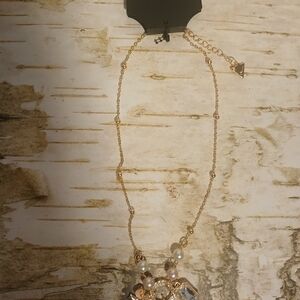 NWT Guess Rose Gold Pearl Charm Necklace Pnk Bow Rhinestone Logo